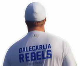 felix tjernberg in coach attire walking away from camera, with the text Dalecarlia Rebels on his upper back